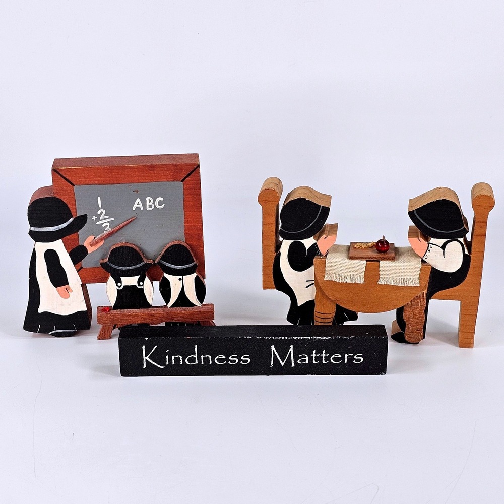 Vintage Wooden Amish Folk Art Figurines Set Kindness Matters School Dining Scene